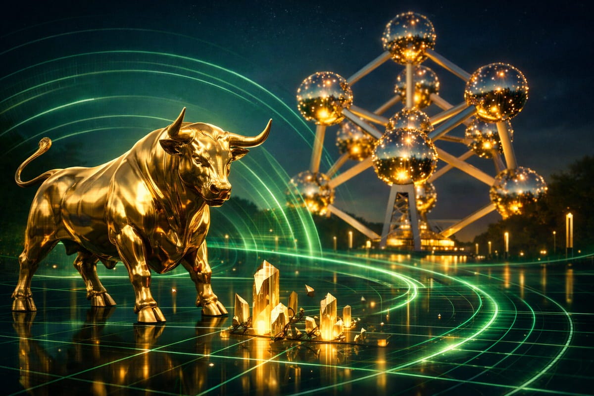 Illustration financière premium montrant un taureau d'or devant l'Atomium de Bruxelles, avec des ondes de radar holographiques symbolisant la recherche d'actions belges sous-évaluées.