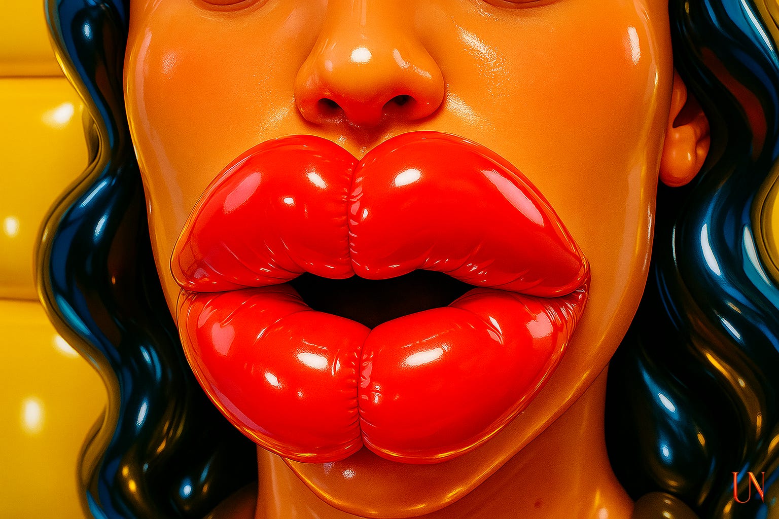 A hyperreal close-up of oversized, balloon-like red lips, swollen and glossy against a smooth face—grotesque, inflated, and artificial.