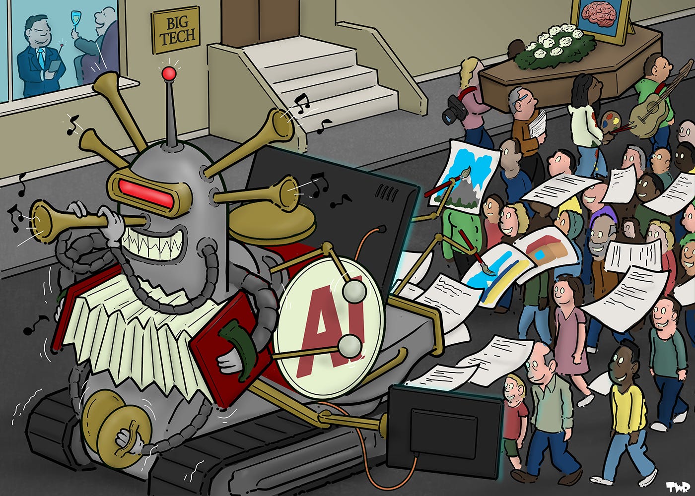 Cartoon showing a one-man-band robot playing a flute, accordion and drums simultaneously, while also featuring large screens and a printer spewing out text documents and pictures. A large mesmerized crowd is following the robot down the street. Heading in the opposite direction we seen a funeral procession; the coffin has a photo of a human brain on it and is carried by a painter, a photographer, a musician and a writer. In the back of the cartoon is a fancy building with a brass sign next to the front door that reads 'Big tech'. Behind the window, we see a man in a suit using a remote to control the robot.