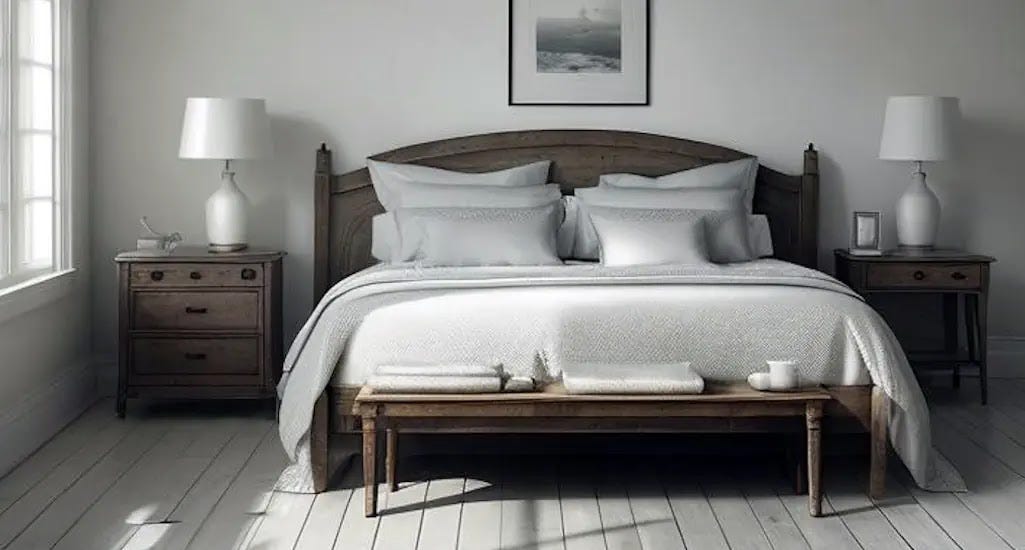 A serene bedroom in soothing blue tones features a cozy bed with two nightstands, each holding a lamp.