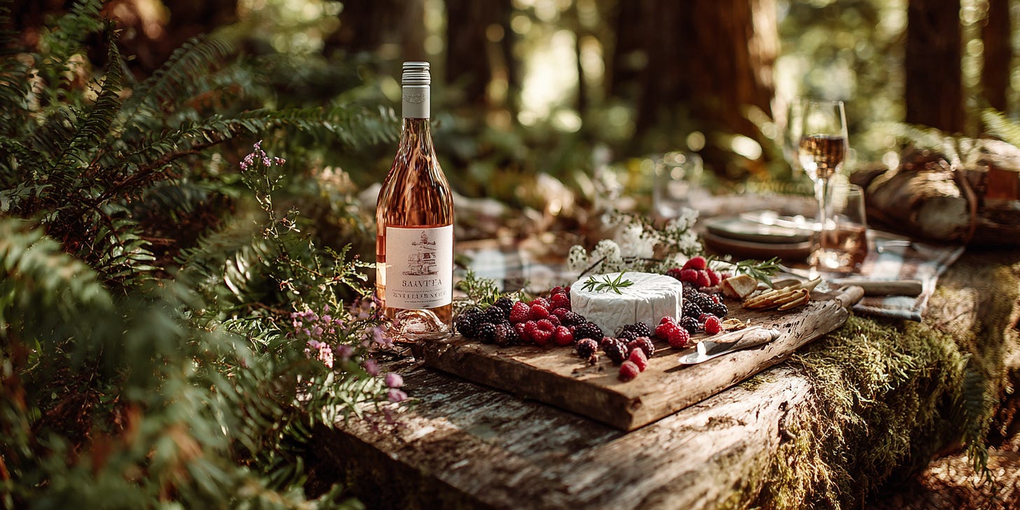 Wooden picnic board with wild berries, goat cheese, and rosé wine, set among pine trees with dappled sunlight in a British Columbia forest. Wooden picnic board with wild berries, goat cheese, and rosé wine, set among pine trees with dappled sunlight in a British Columbia forest.