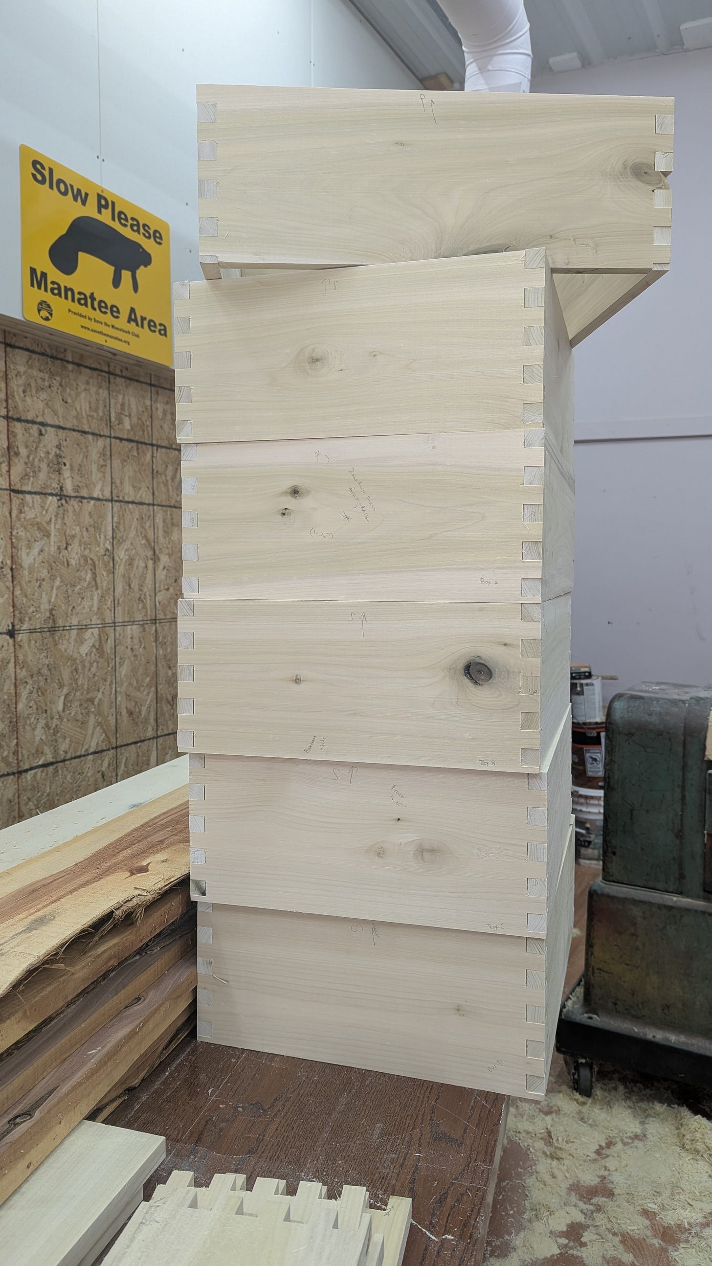 Wooden beehive boxes on a table