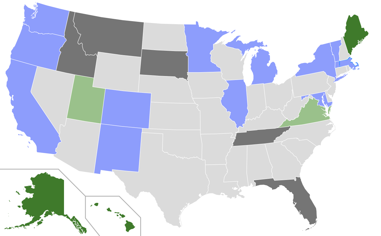 (2023) This is a map of the United States showing which states have ranked choice voting in use at one level or another. Grey states do not use RCV, black states have explicitly banned RCV, light green states have a state law which enabled cities to use RCV if they so choose, dark green states use RCV for some state-wide and state-level elections, and blue states have individual cities which decided to adopt RCV. (2023) This is a map of the United States showing which states have ranked choice voting in use at one level or another. Grey states do not use RCV, black states have explicitly banned RCV, light green states have a state law which enabled cities to use RCV if they so choose, dark green states use RCV for some state-wide and state-level elections, and blue states have individual cities which decided to adopt RCV.