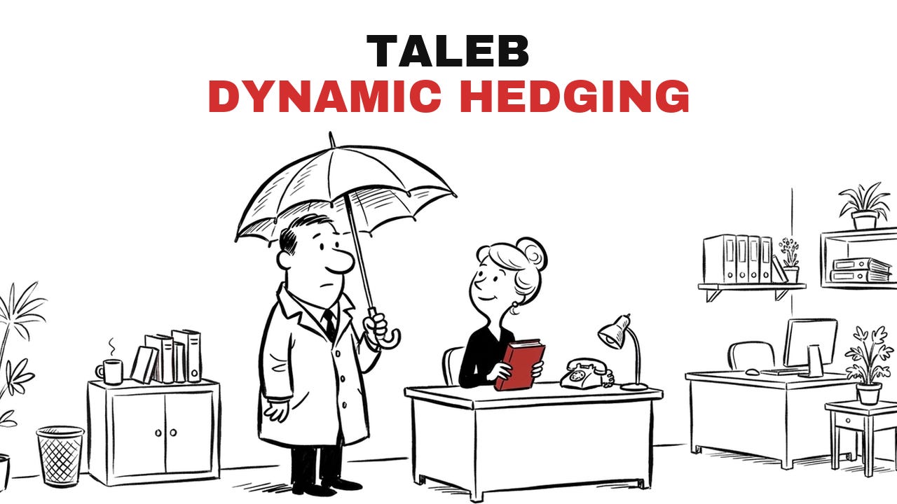 Cartoon: indoors at the office the mentor stands in a raincoat under an open umbrella, entirely serious, while a student at the desk with a red book looks up amused, titled Taleb, Dynamic Hedging. Cartoon: indoors at the office the mentor stands in a raincoat under an open umbrella, entirely serious, while a student at the desk with a red book looks up amused, titled Taleb, Dynamic Hedging.