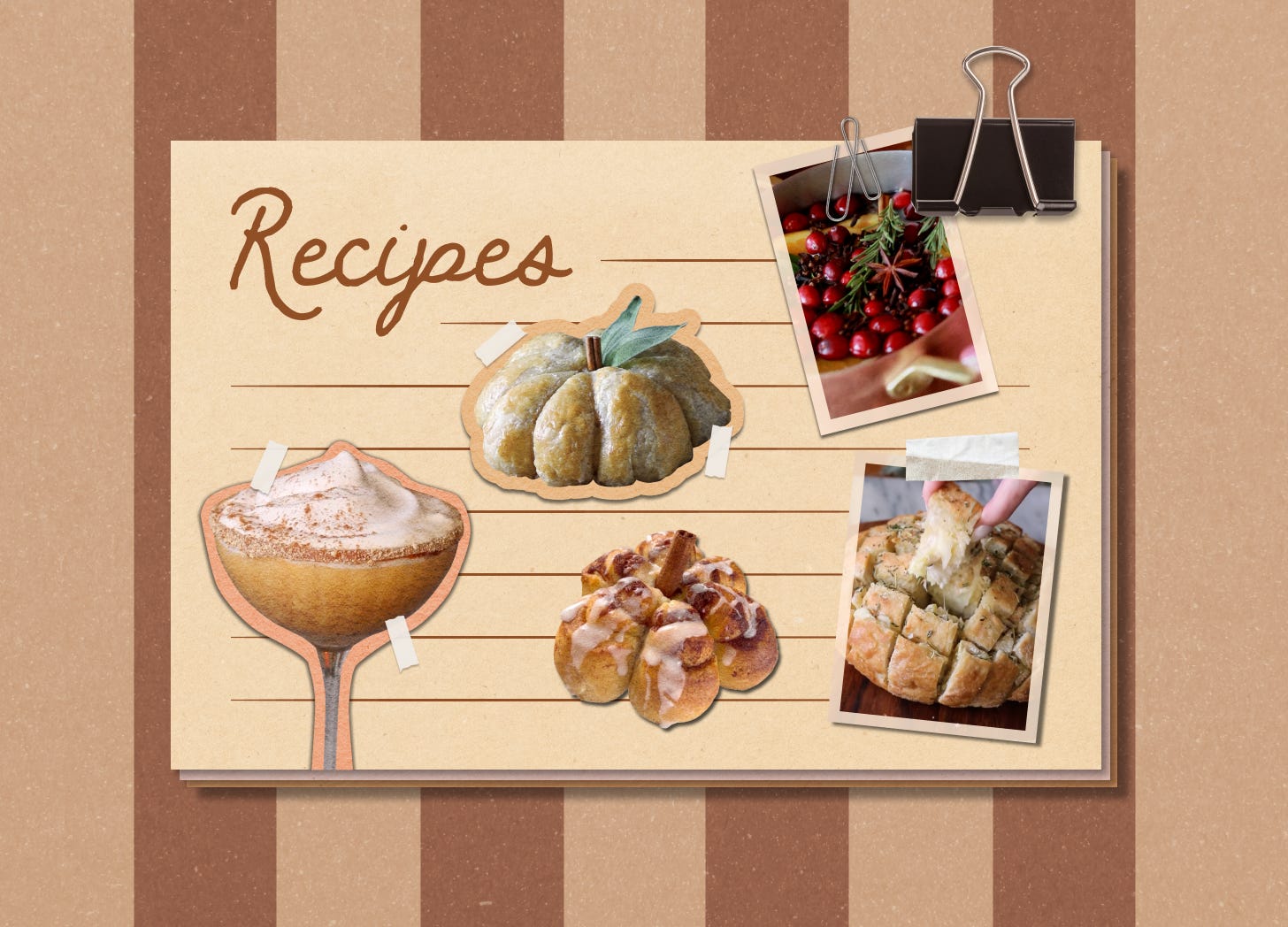 A collage of a recipe card with cutouts of 5 fall drinks and dishes on it