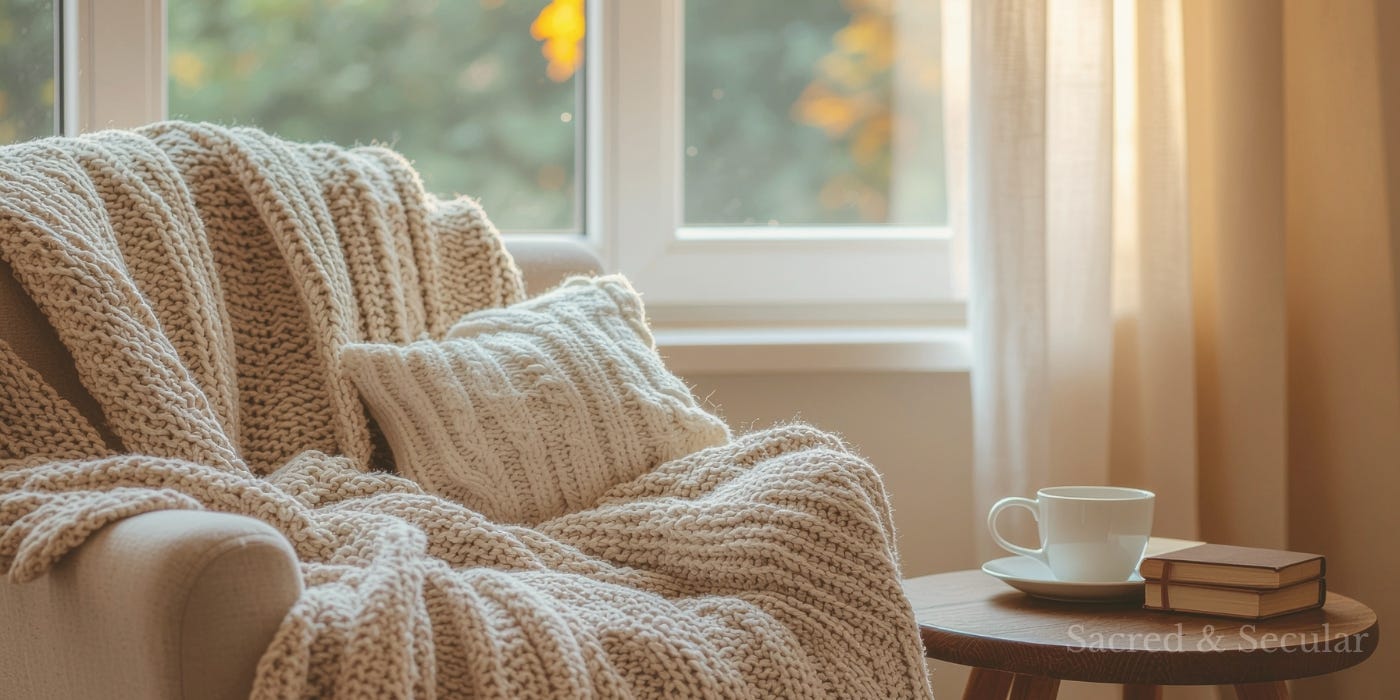 A cosy armchair draped with a knitted blanket beside a small table with a cup of tea and books, illuminated by warm light from a nearby window. A cosy armchair draped with a knitted blanket beside a small table with a cup of tea and books, illuminated by warm light from a nearby window.