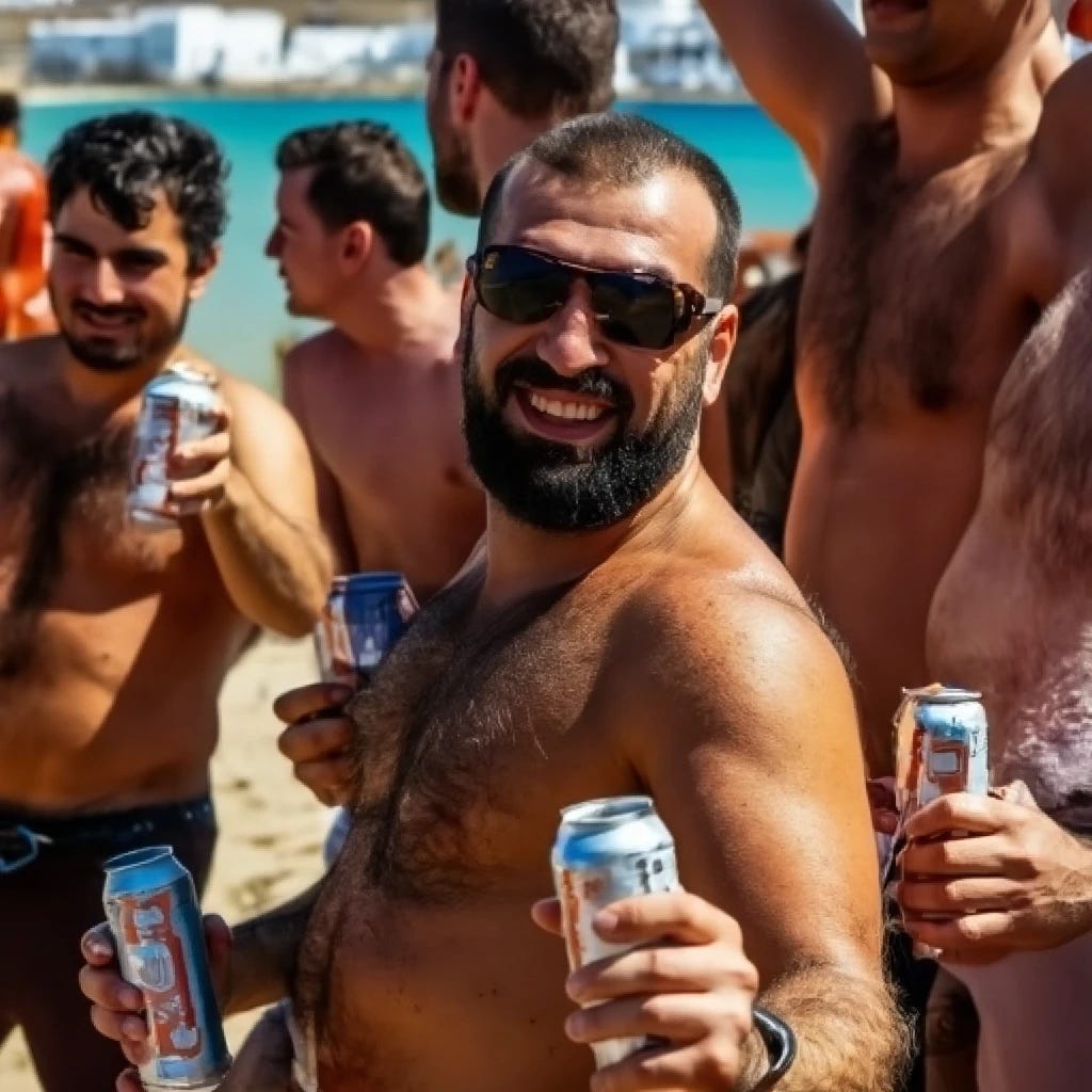 Hairy Greek Men with shirts off partying with hard seltzers on beach in Mykanos