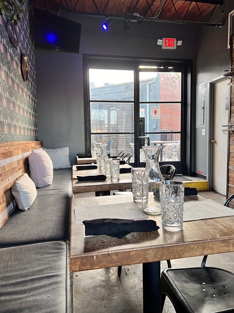 Inside images from Watkins bourbon and brasserie bar area and dining area
