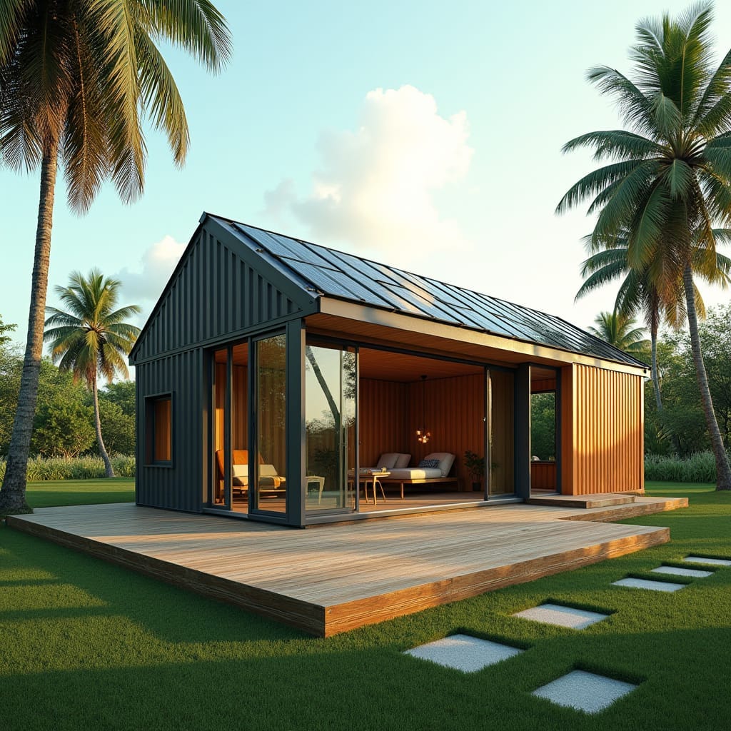 A sleek, eco-friendly container house in Jamaica, designed with modern aesthetics and sustainability in mind. The home is constructed from repurposed shipping containers, featuring large windows for natural light and ventilation. Solar panels line the roof, providing clean energy, while rainwater harvesting tanks are discreetly placed around the structure. The exterior is a blend of steel, wood accents, and glass, creating a harmonious balance between industrial chic and eco-conscious design. Minimal greenery surrounds the house, with palm trees swaying gently in the tropical breeze, set against a serene Jamaican landscape. Sustainable living, modern container design, tropical eco-home.




A sleek, eco-friendly container house in Jamaica, designed with modern aesthetics and sustainability in mind. The home is constructed from repurposed shipping containers, featuring large windows for natural light and ventilation. Solar panels line the roof, providing clean energy, while rainwater harvesting tanks are discreetly placed around the structure. The exterior is a blend of steel, wood accents, and glass, creating a harmonious balance between industrial chic and eco-conscious design. Minimal greenery surrounds the house, with palm trees swaying gently in the tropical breeze, set against a serene Jamaican landscape. Sustainable living, modern container design, tropical eco-home.

