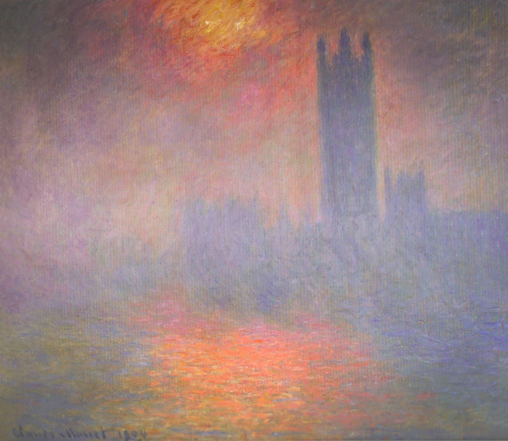 Parliament as a mauve silhouette in London fog Parliament as a mauve silhouette in London fog