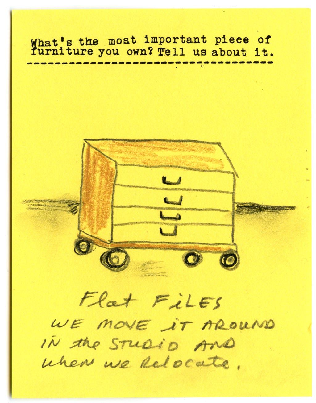 What's the most important piece of furniture you own? Tell us about it. Flat files - we move it around in the studio and when we relocate. What's the most important piece of furniture you own? Tell us about it. Flat files - we move it around in the studio and when we relocate.