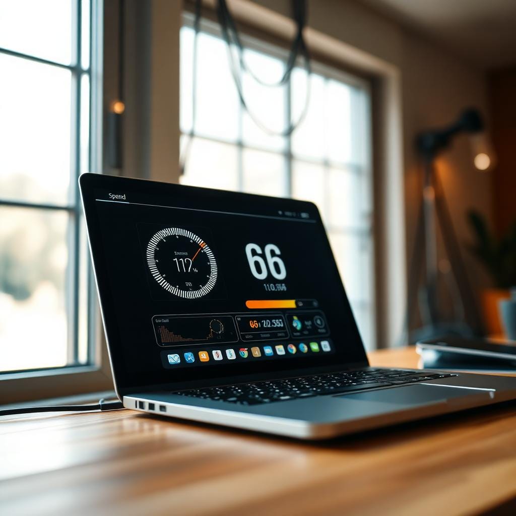Laptop on a wooden desk running a fast internet speed test