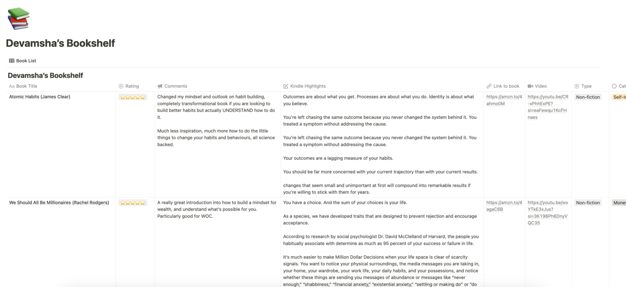 Screenshot of my Notion book review tracker