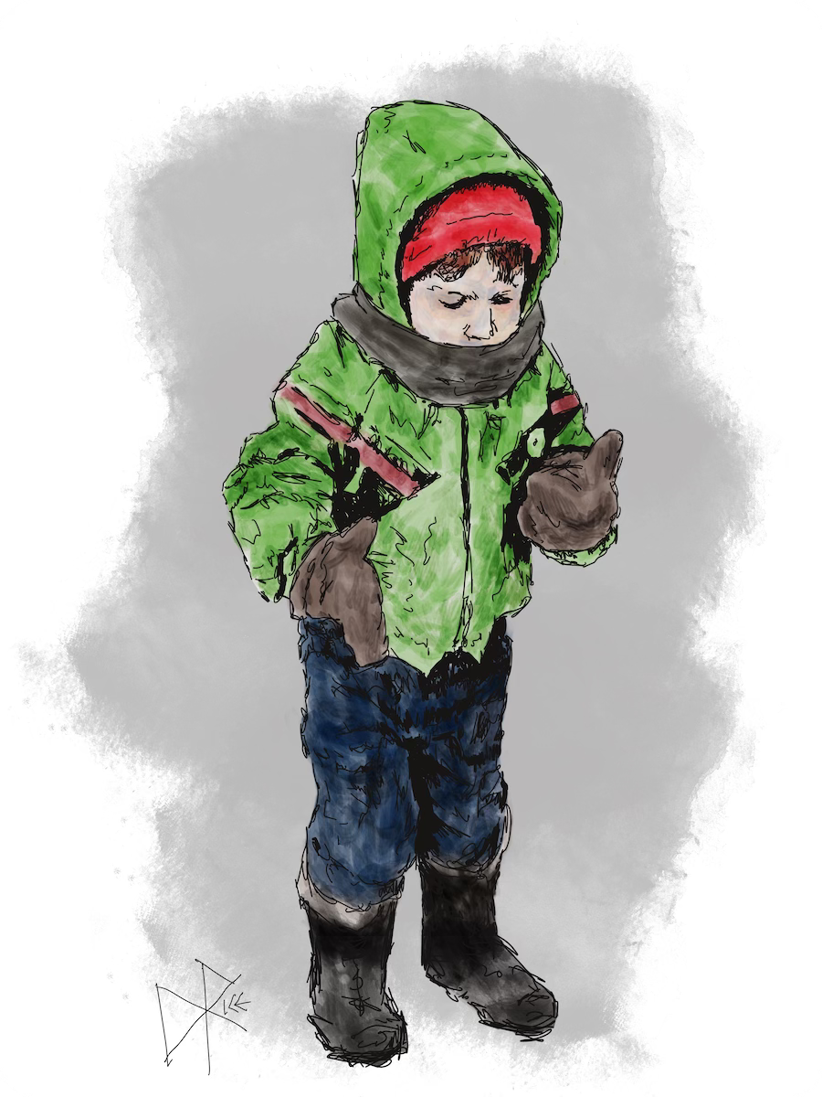 Boy in winter outdoor attire, including mitts. He is looking at his wool-encased hands and counting. Sketch art by Don Rice.
