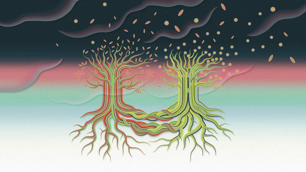 Two stylized trees with intertwined roots and branches stand against a gradient background, symbolizing resilience, with floating leaves above them and abstract dark clouds overhead. Two stylized trees with intertwined roots and branches stand against a gradient background, symbolizing resilience, with floating leaves above them and abstract dark clouds overhead.