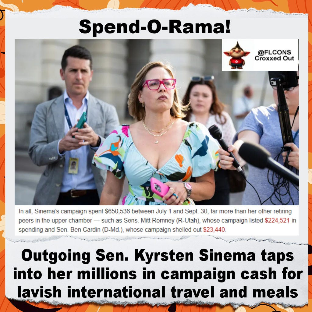 Croxxed Out on X: "Democrat, turned Independent Kyrsten Sinema is having a  grand old time spending her campaign funds. She's not running for re- election in Arizona, but that hasn't stopped her from