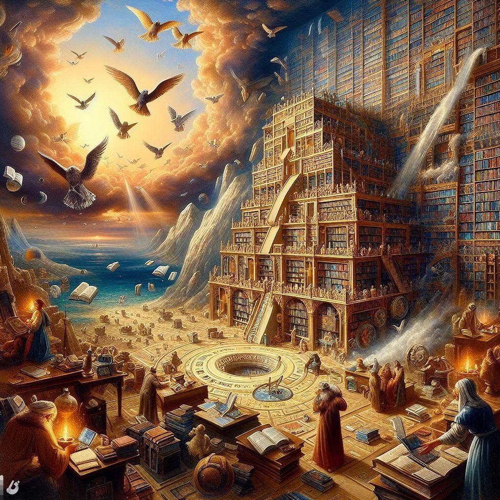an image depicting the library of babel, From a hypothetical short story to a real website in under a century, the history and implications of the Library of Babel. painting
