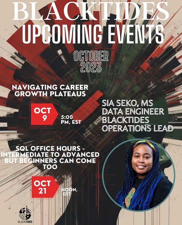 A preview image of our events described below. On the left is an image of Sia with names and times for the workshops and webinars described below. On the right is Kimberly Deas with the times of new Coffee and Code sessions for October