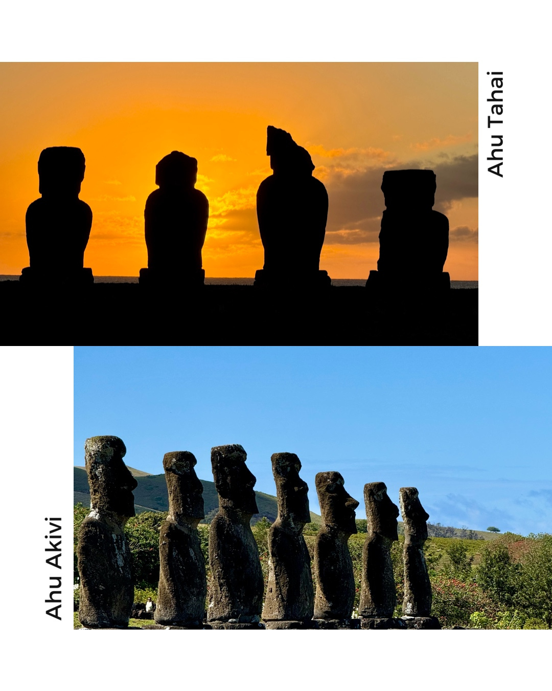 Plataformas de moai, la primera tomada al anochecer presenta colores rojizos. Foto propia.