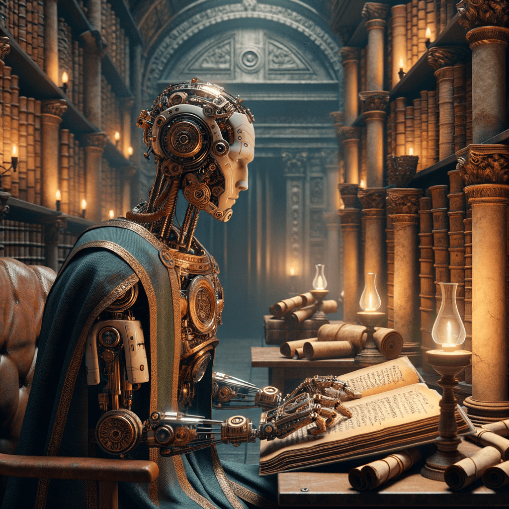 Robot intensely studying in the library Robot intensely studying in the library