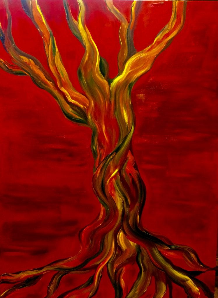 Deep red canvas with a tree trunk painted in yellow, red and brown. Brings to mind and umbilical cord. Original artwork by Anna Loscotoff.