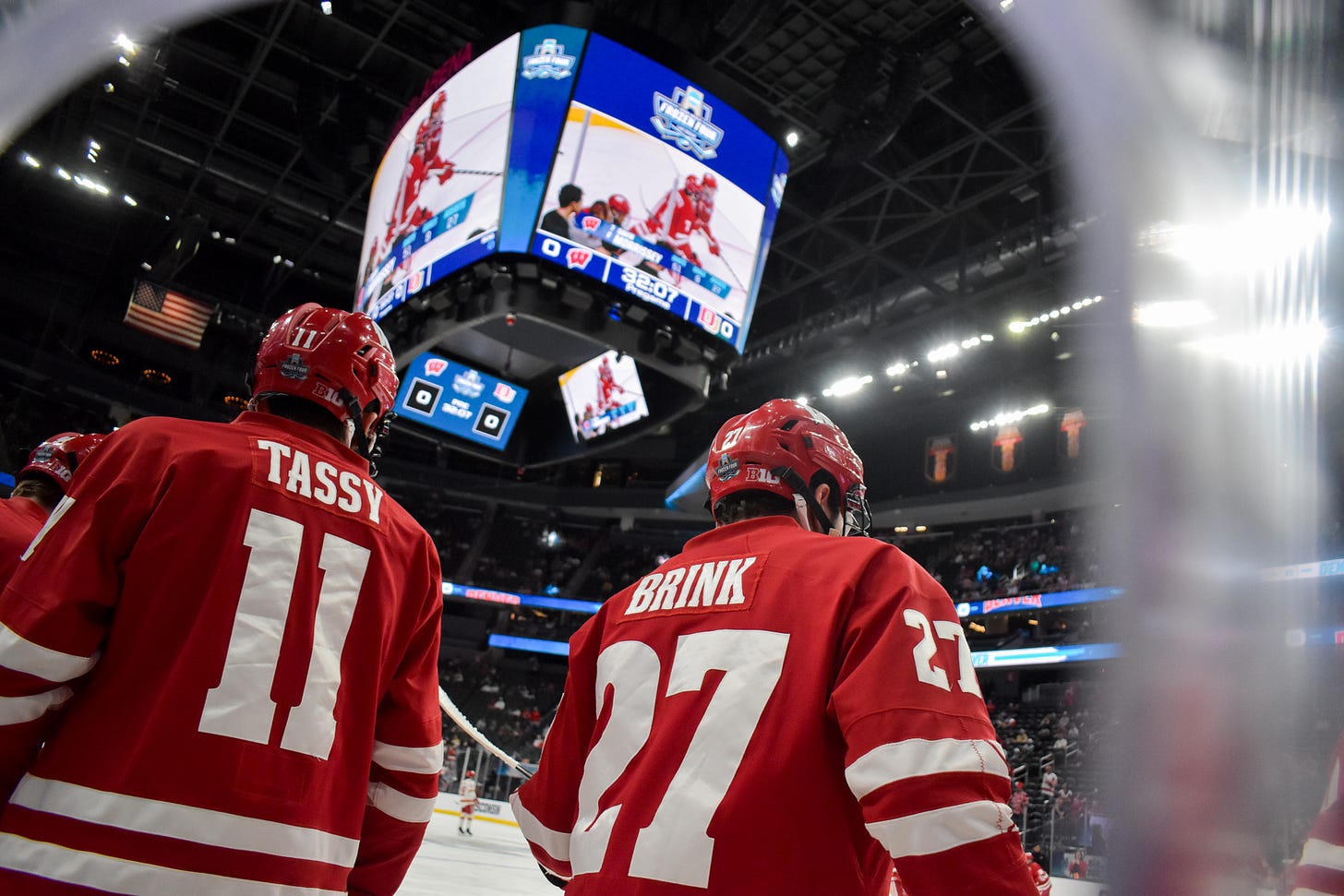 Simon Tassy and Finn Brink through photo hole at T-Mobile Arena. 