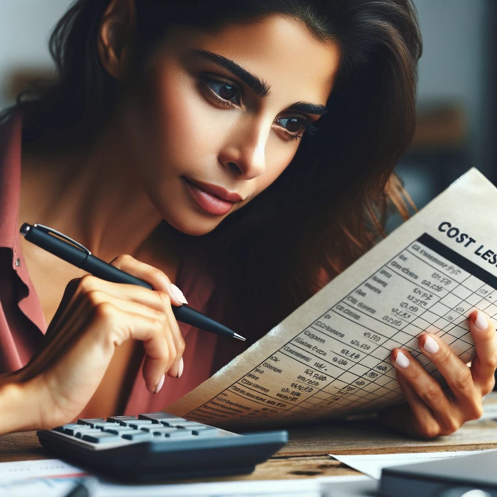 An image capturing an entrepreneur meticulously analyzing a cost ledger, searching for every minor expense to cut. The entrepreneur, a young woman of Hispanic descent, is shown in close-up, focusing intently on the ledger, which is filled with detailed financial entries. She is holding a pen, marking specific items, with a serious and determined expression. The setting is a well-organized office space, with a calculator, a cup of coffee, and other financial documents visible on the desk. This scene portrays the thorough and detail-oriented approach of an entrepreneur in managing business finances.