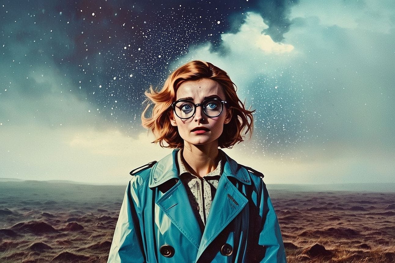 Alice in her raincoat standing before a dismal sky but looking determined nevertheless.