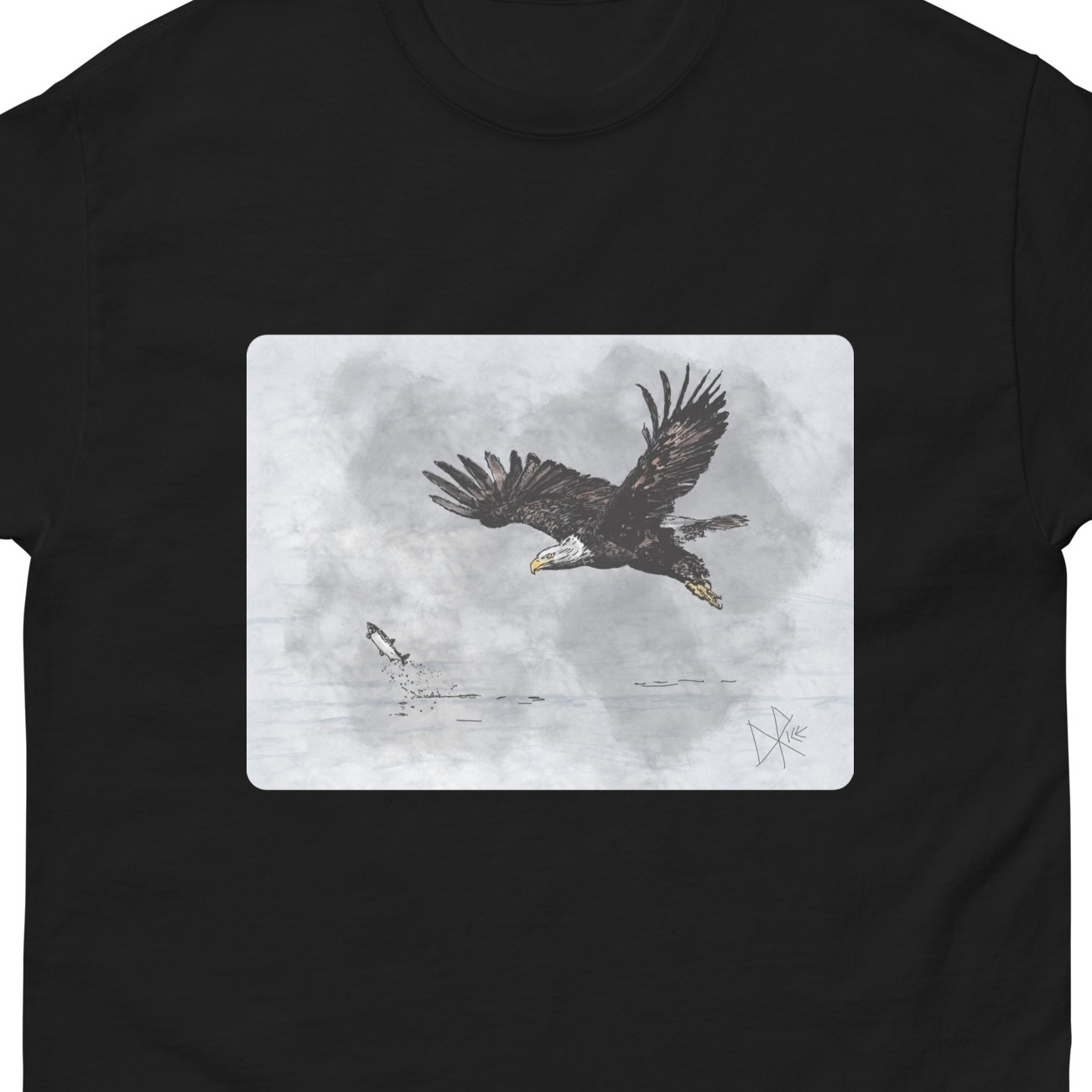An eagle-eyed eagle swoops down and is about to use its talons to grab a fish that it has been tracking. Sketch art by Don Rice. An eagle-eyed eagle swoops down and is about to use its talons to grab a fish that it has been tracking. Sketch art by Don Rice.