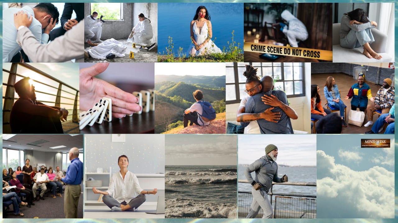 Collage of pictures with the themes of trauma, loss, recovery, return to wellbeing,