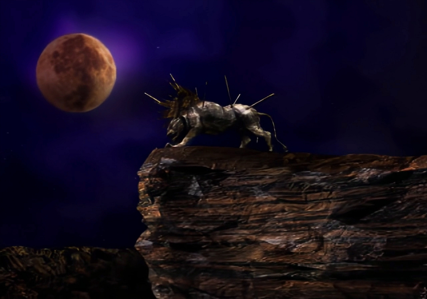 Nanaki's father Seto, perpetually petrified under an orange moon.
