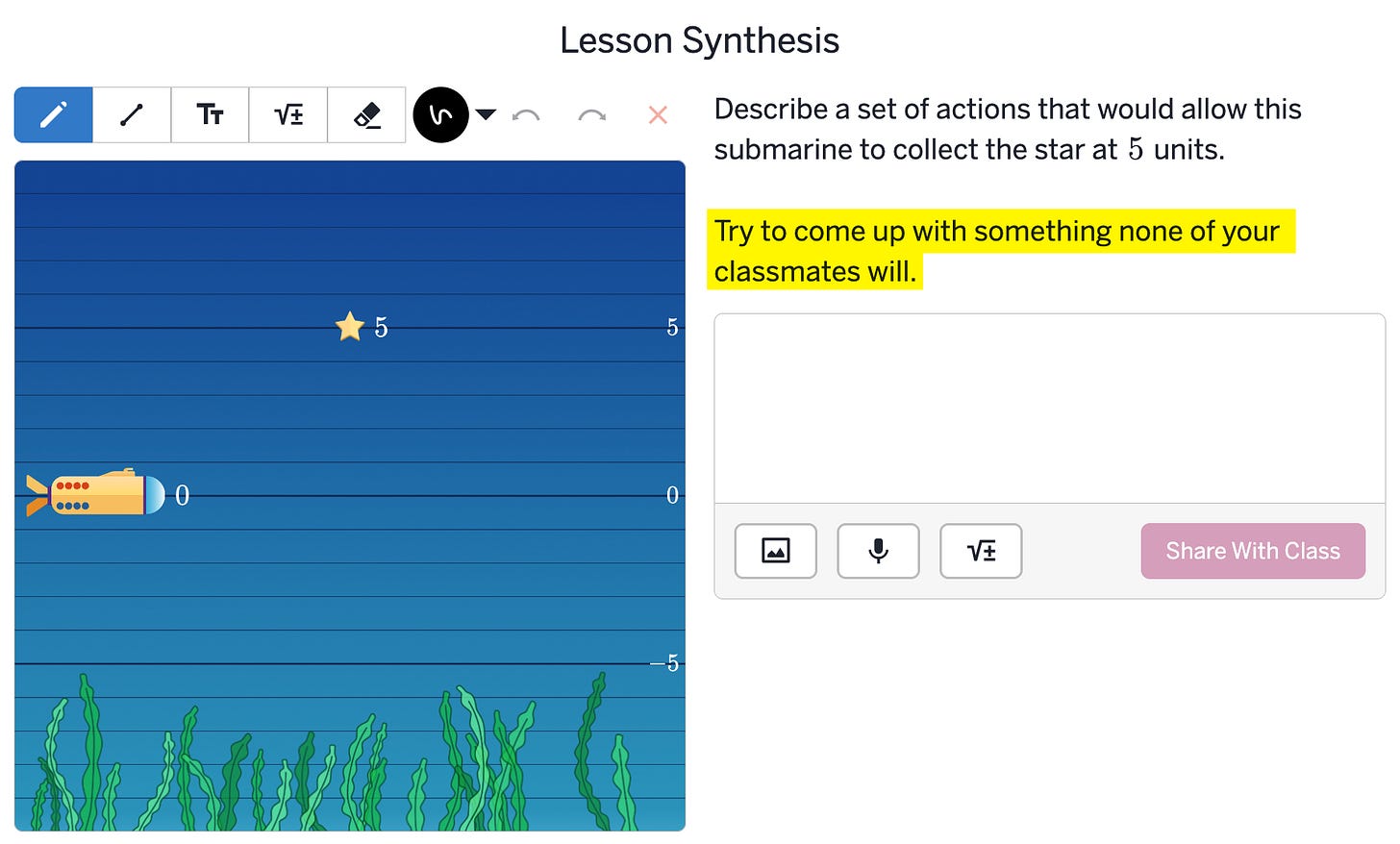 A lesson synthesis screen that asks students to come up with a combination of floats and anchors that captures the star at 5.