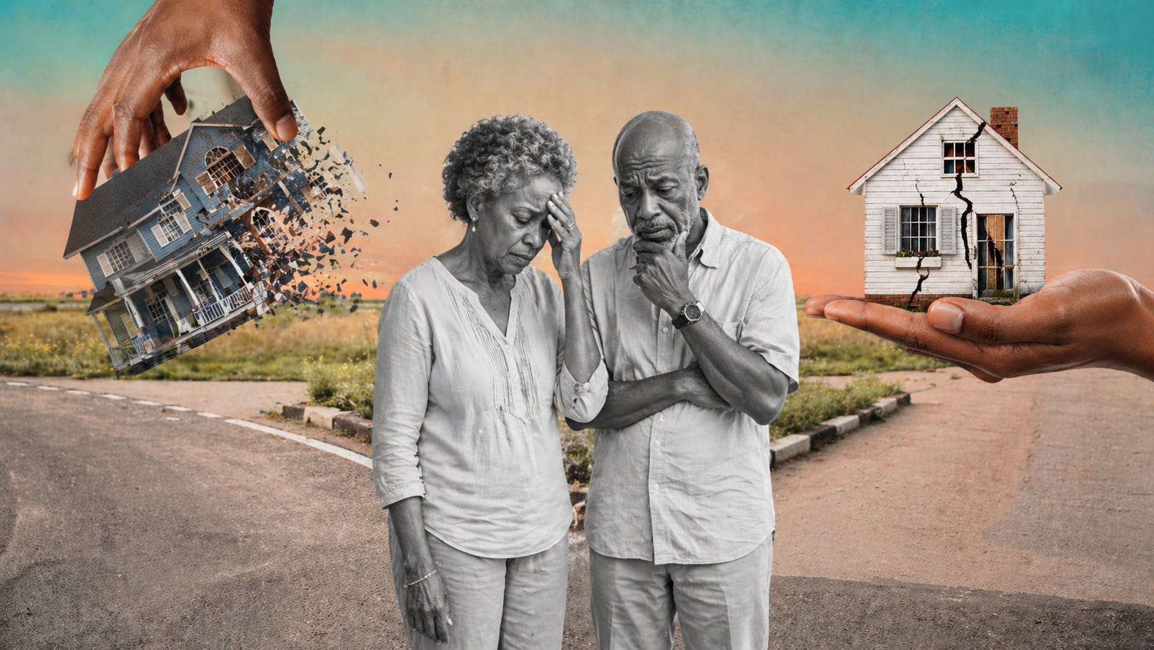 An elderly Jamaican couple stands in quiet distress, caught between forces they cannot control, as one home is torn apart and another begins to crack, a stark reflection of how disaster can shake not just buildings, but the stability of life itself.