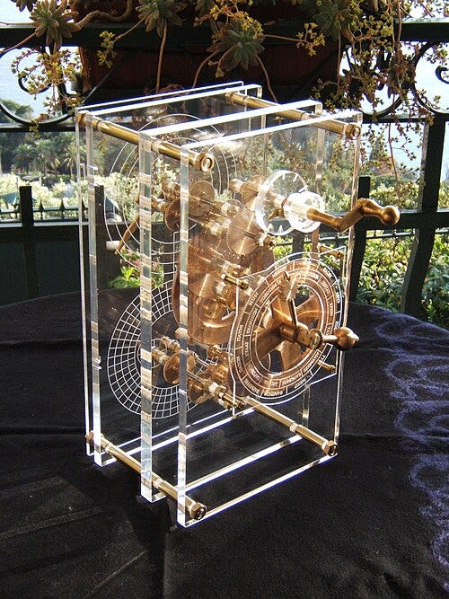Front panel of a re-creation of the Antikythera mechanism Front panel of a re-creation of the Antikythera mechanism