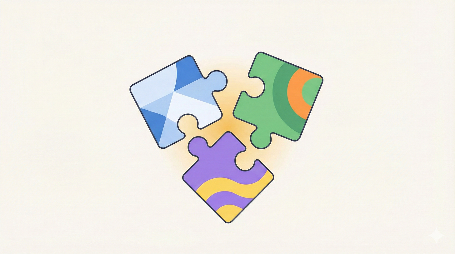 Three distinct puzzle pieces connecting with a gentle glow between them, representing cross-company AI collaboration.