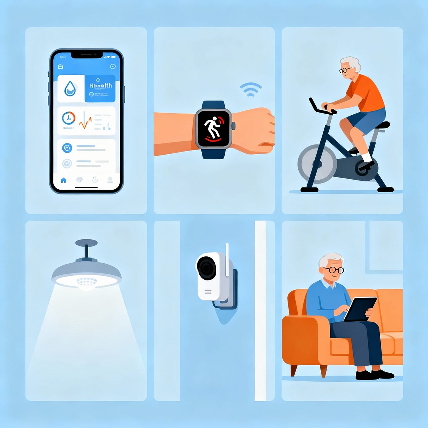 Wordless infographic depicting fall prevention technology for seniors.