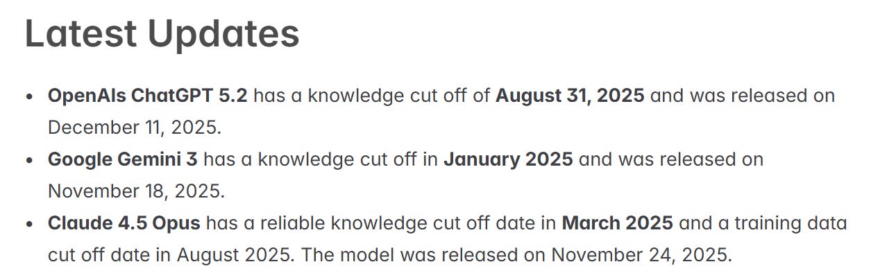 Last updated dates of LLM mdoels Last updated dates of LLM mdoels