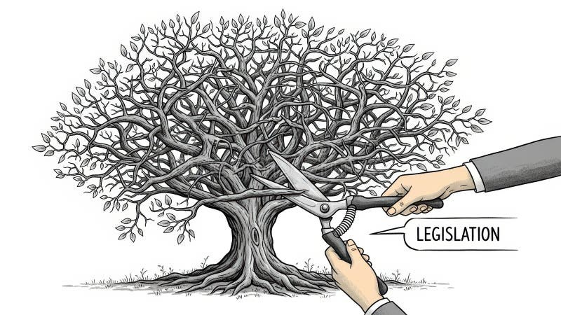Illustration of pruning a complex tree labeled 'Legislation' – symbolizing the need to cut through tangled government opacity to reveal the roots of transparency