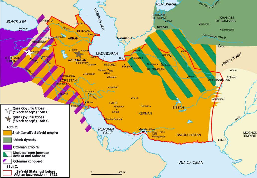 Iran under Ismail, taken from https://en.wikipedia.org/wiki/Ismail_I#/media/File:Map_Safavid_persia.png