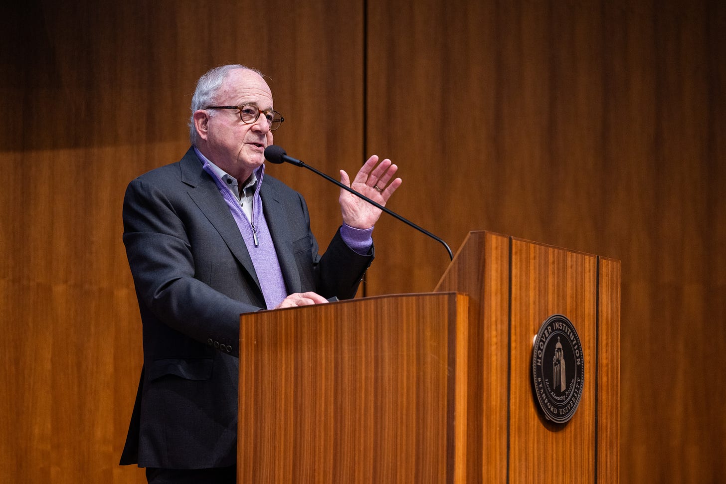 Michael Bordo speaks about the fiscal history of Britain in Hoover’s Hauck Auditorium on May 8, 2026. (Patrick Beaudouin)