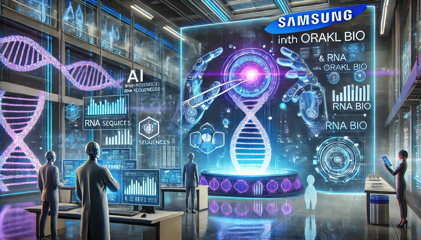 A futuristic and high-tech image illustrating Samsung’s bold move into AI and RNA biotechnology with Orakl Bio. The scene features an advanced biotech lab with AI-powered robotic arms analyzing RNA sequences on a glowing holographic display. A financial analyst reviews stock market data on a transparent digital screen, highlighting Samsung’s investment strategy. The background includes a sleek research facility, futuristic medical breakthroughs, and data-driven biotech advancements. The color scheme combines deep blue, neon purple, and metallic silver, symbolizing cutting-edge technology and financial potential.