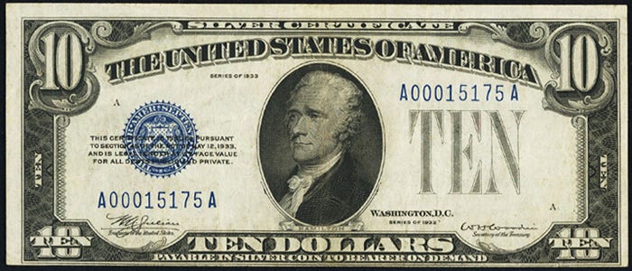 1933 Ten Dollar Bill Silver Certificate