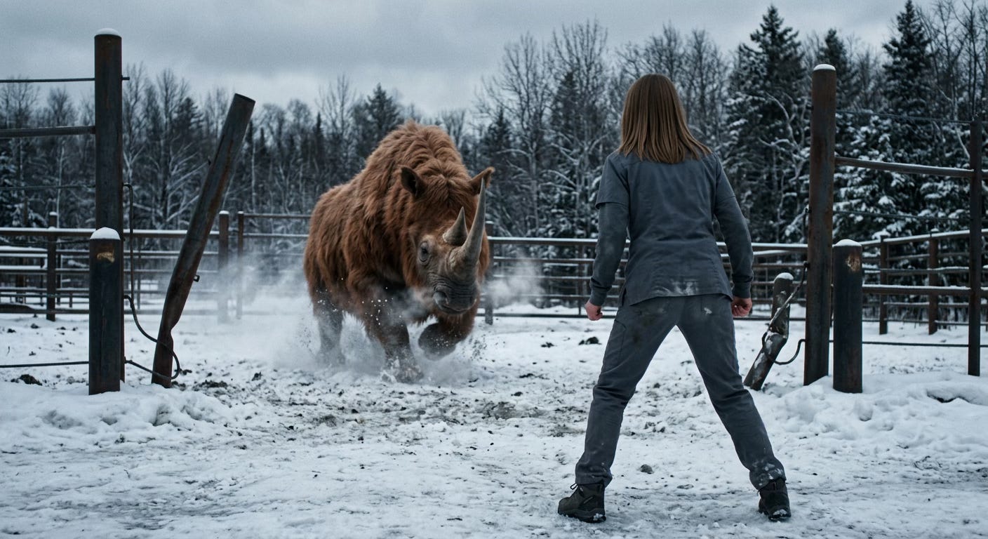 Snowy forested landscape with a woolly rhino charging a woman Snowy forested landscape with a woolly rhino charging a woman