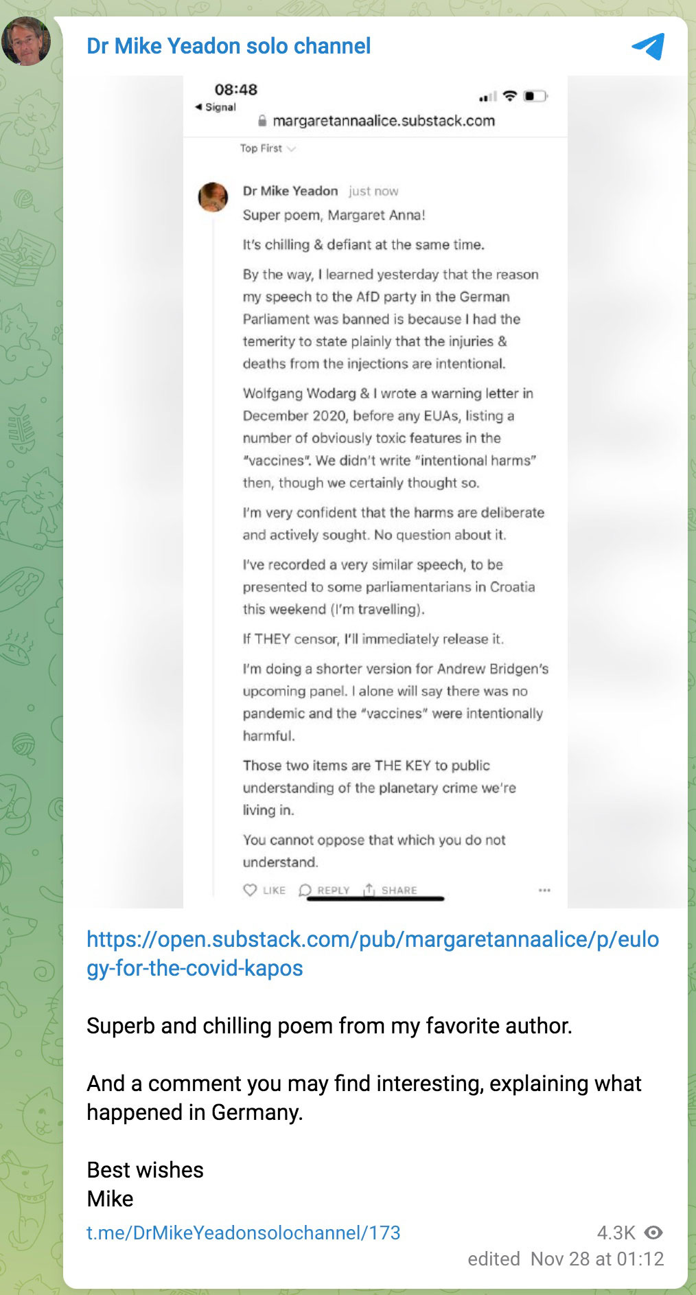 Mike Yeadon's Telegram Response to Eulogy for the COVID Kapos