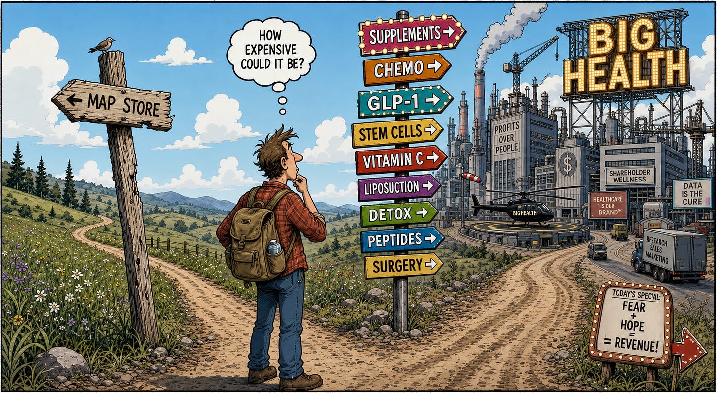 Comic strip with person at fork thinking "How expensive could it be?" eyeing Big Health complex Comic strip with person at fork thinking "How expensive could it be?" eyeing Big Health complex