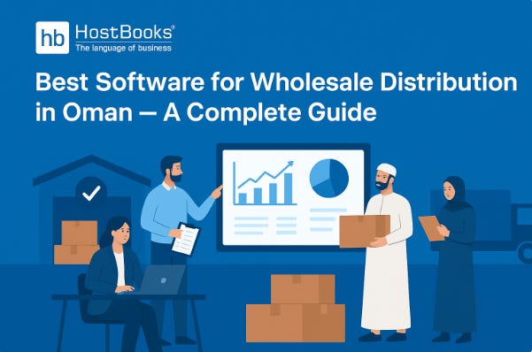 Professional banner showing multiple people working in a modern wholesale warehouse with digital charts and supply chain graphics, HostBooks logo at the top left, and the title "Best Software for Wholesale Distribution in Oman — A Complete Guide" displayed horizontally, using color theme #0071BC Professional banner showing multiple people working in a modern wholesale warehouse with digital charts and supply chain graphics, HostBooks logo at the top left, and the title "Best Software for Wholesale Distribution in Oman — A Complete Guide" displayed horizontally, using color theme #0071BC