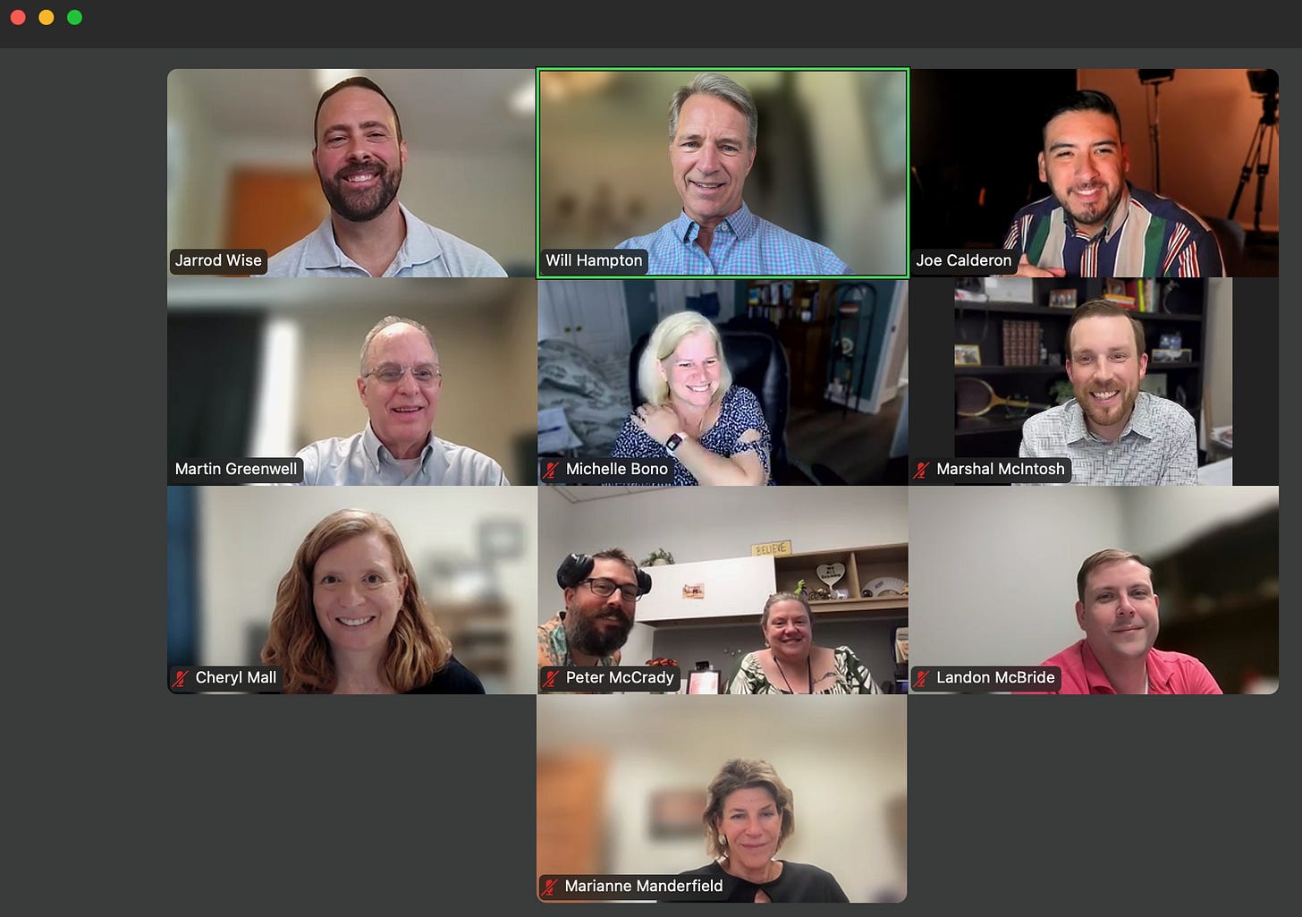 Screenshot of a Zoom meeting with twelve local government professionals, each smiling in their individual video boxes. Participants include Jarrod Wise, Will Hampton, Joe Calderon, Martin Greenwell, Michelle Bono, Marshal McIntosh, Cheryl Mall, Peter McCrady, Landon McBride, and Marianne Manderfield. The mood is friendly and engaged, suggesting a collaborative virtual session.