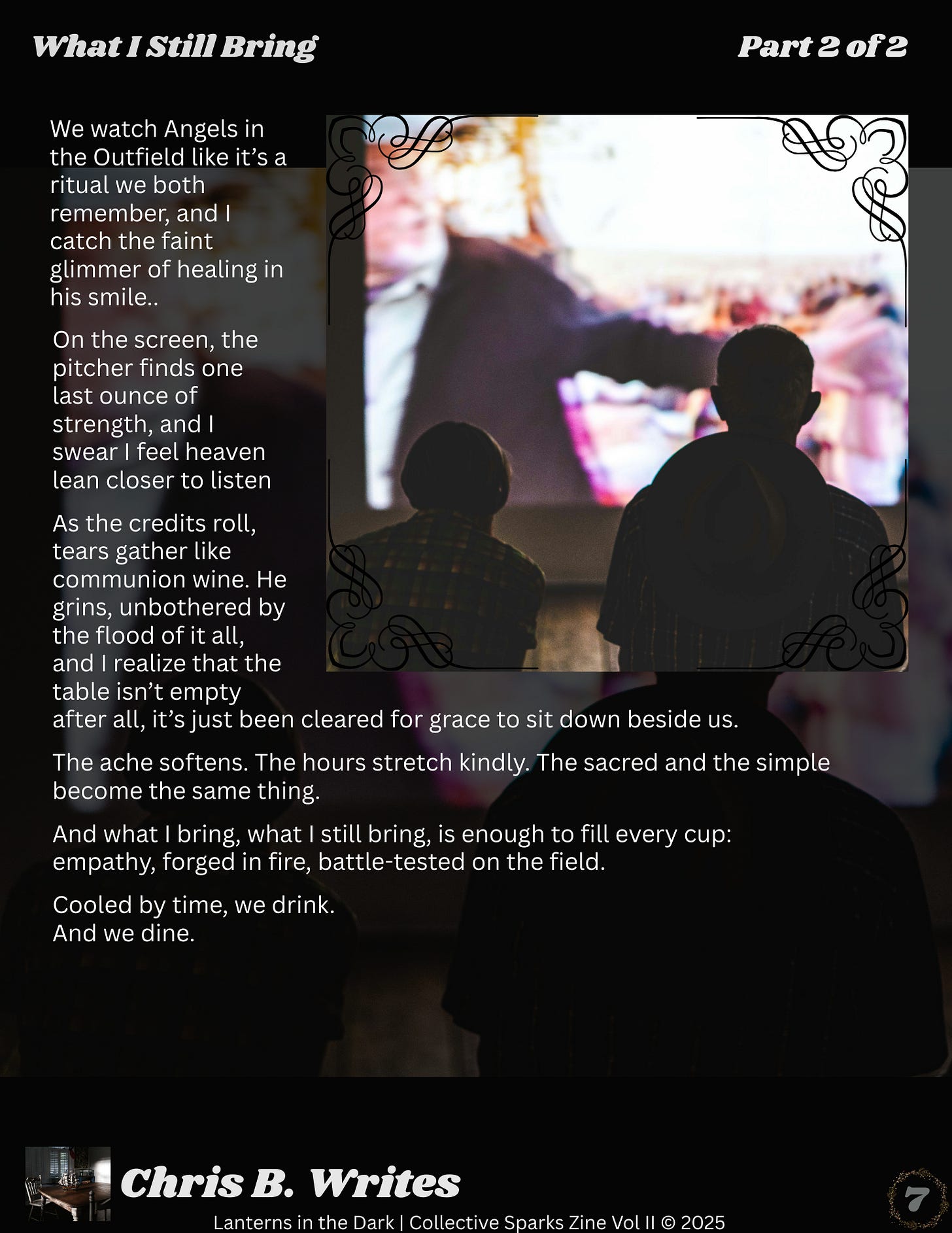 Two people seen from behind sitting together in a darkened room, watching a projected film or television screen, their silhouettes outlined against the glow.