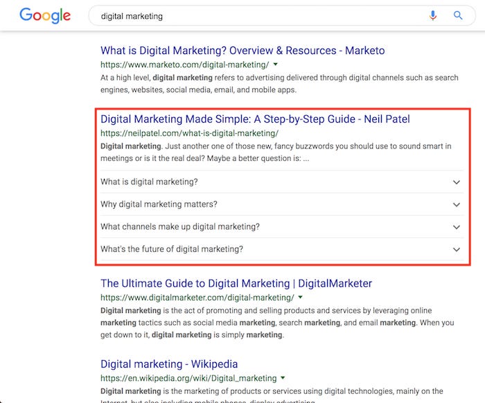 Screenshot of a Google search result for digital marketing showing Neil Patel’s article enhanced with FAQ schema dropdowns. Screenshot of a Google search result for digital marketing showing Neil Patel’s article enhanced with FAQ schema dropdowns.