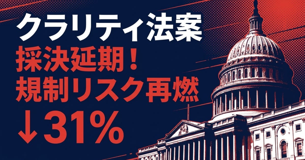 クラリティ法案(CLARITY Act)、上院採決は7月20日週へ持ち越し——新テキスト遅延で2026年成立確率31%まで低下、GameFi・DeFiに規制リスク再燃 クラリティ法案(CLARITY Act)、上院採決は7月20日週へ持ち越し——新テキスト遅延で2026年成立確率31%まで低下、GameFi・DeFiに規制リスク再燃